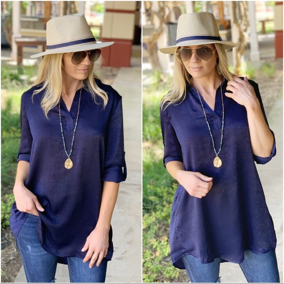 Infinity Raine Tops - Navy silky roll tab sleeve tunic Infinity Raine Tops - Navy silky roll tab sleeve tunic